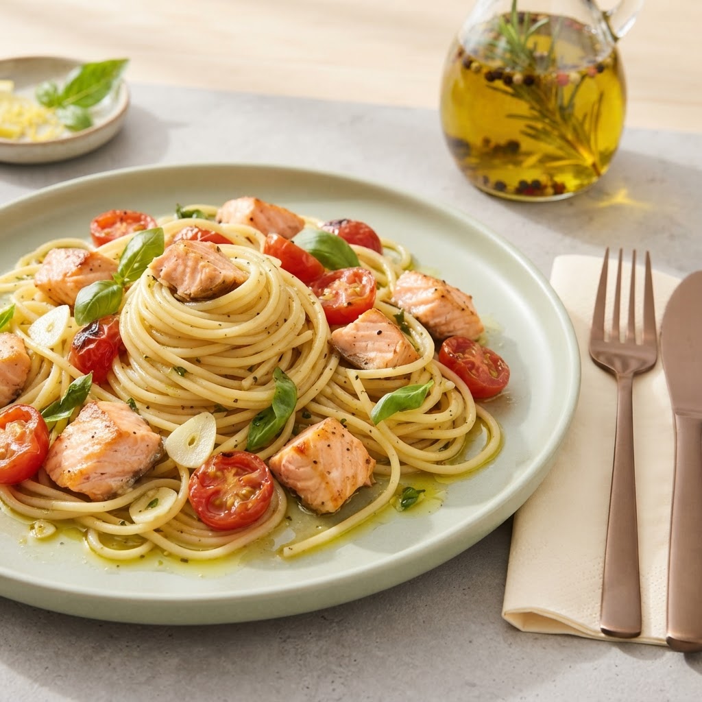 Zitroniges Basilikum-Lachs-Pasta