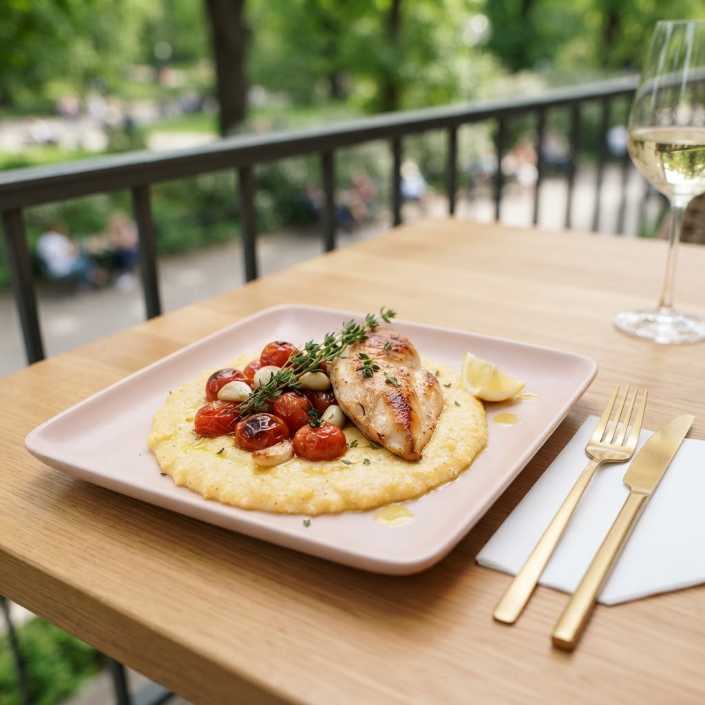 Pfannen-Polenta mit geschmorten Tomaten, Knoblauch und gebratenem Pouletbrustfilet