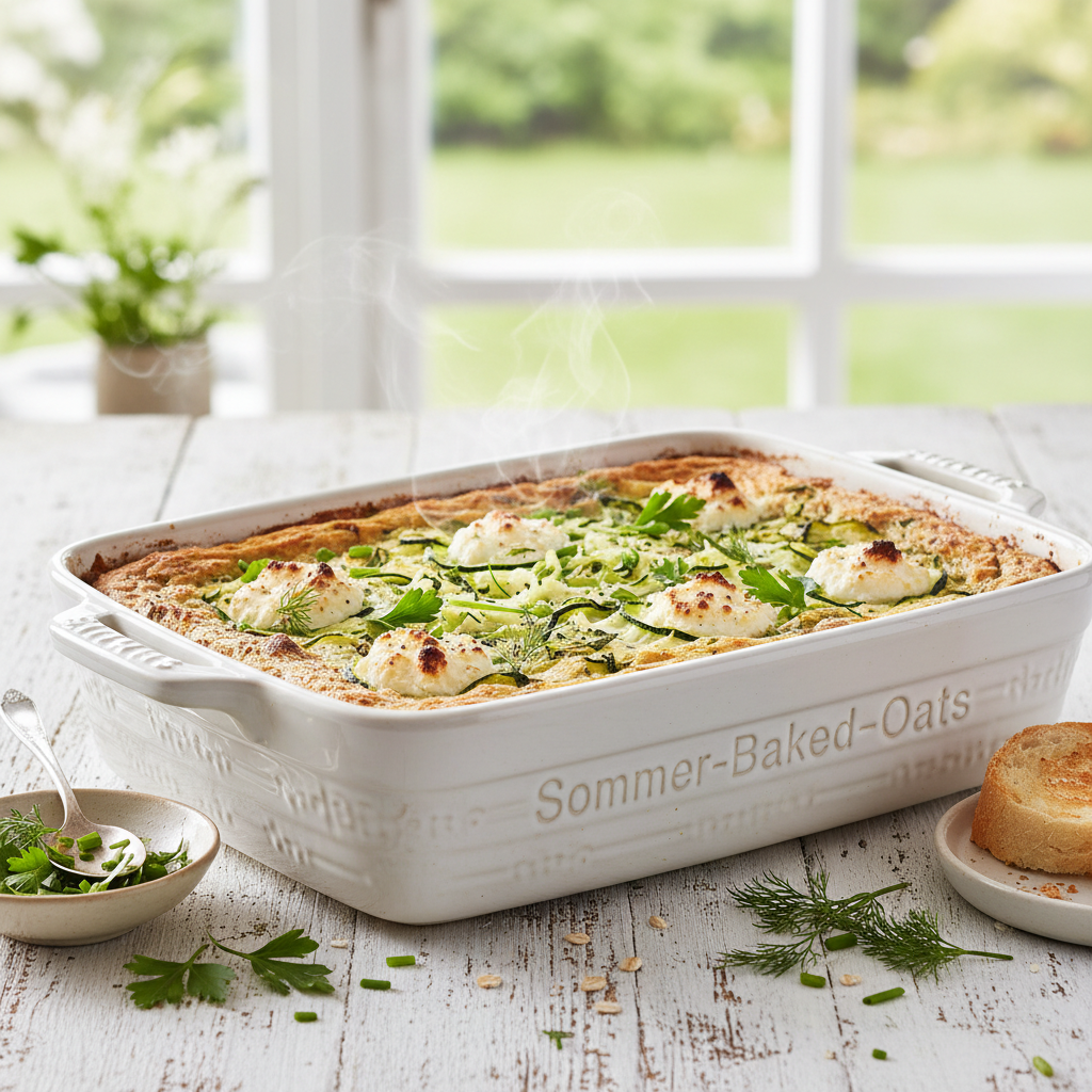 Herzhafte Sommer-Baked-Oats mit Zucchetti & Hüttenkäse