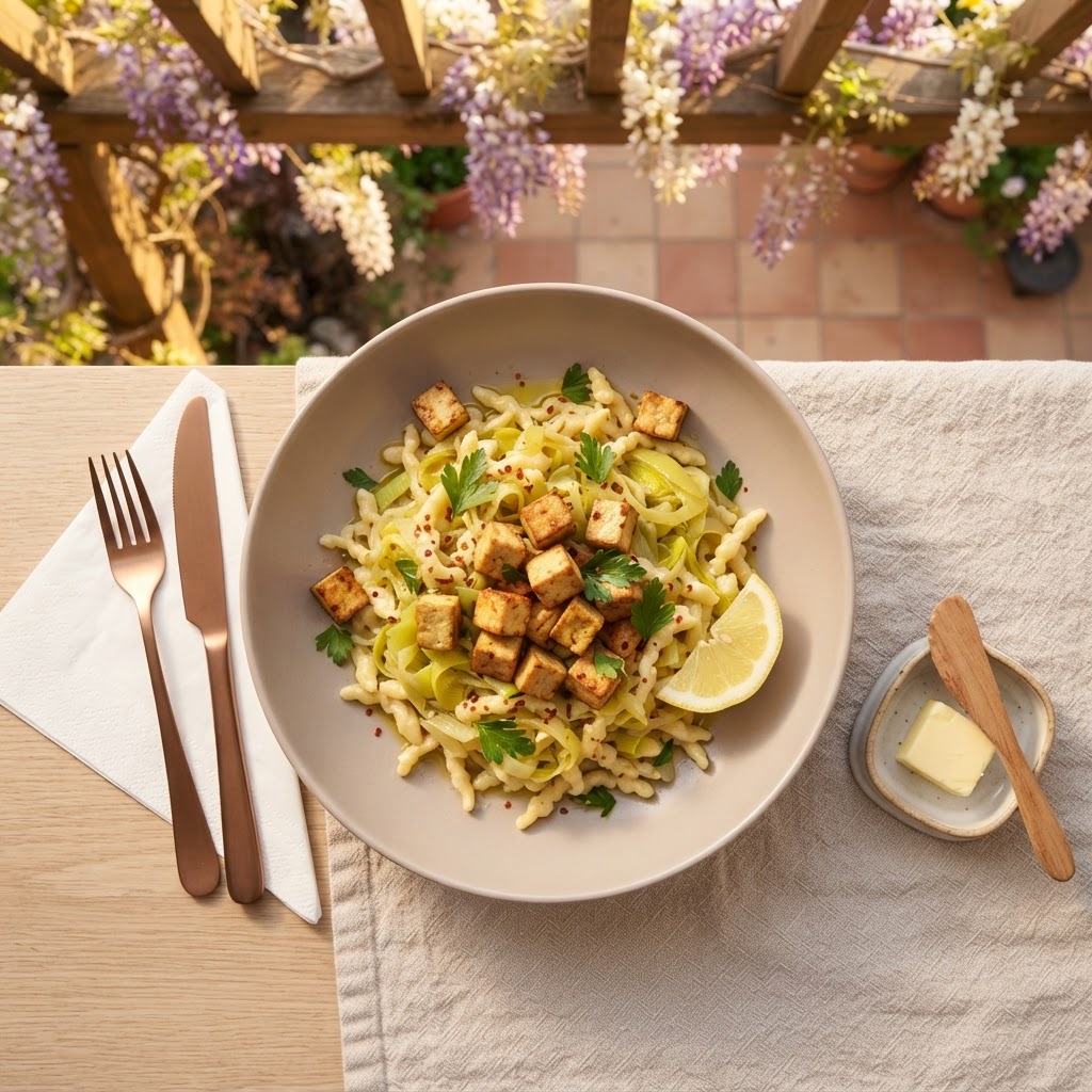 Lauch-Spätzli-Pfanne mit knusprigem Tofu und Zitrone