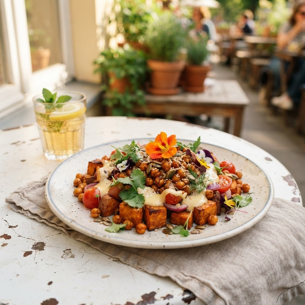 Geröstete Süsskartoffel-Pfanne mit Kichererbsen und Zitrone