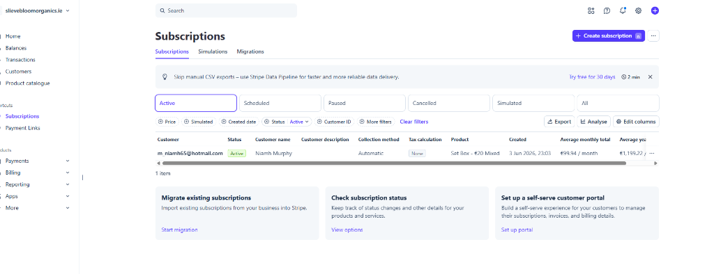 Stripe dashboard showing subscriptions list with customer details, status, and recurring billing information