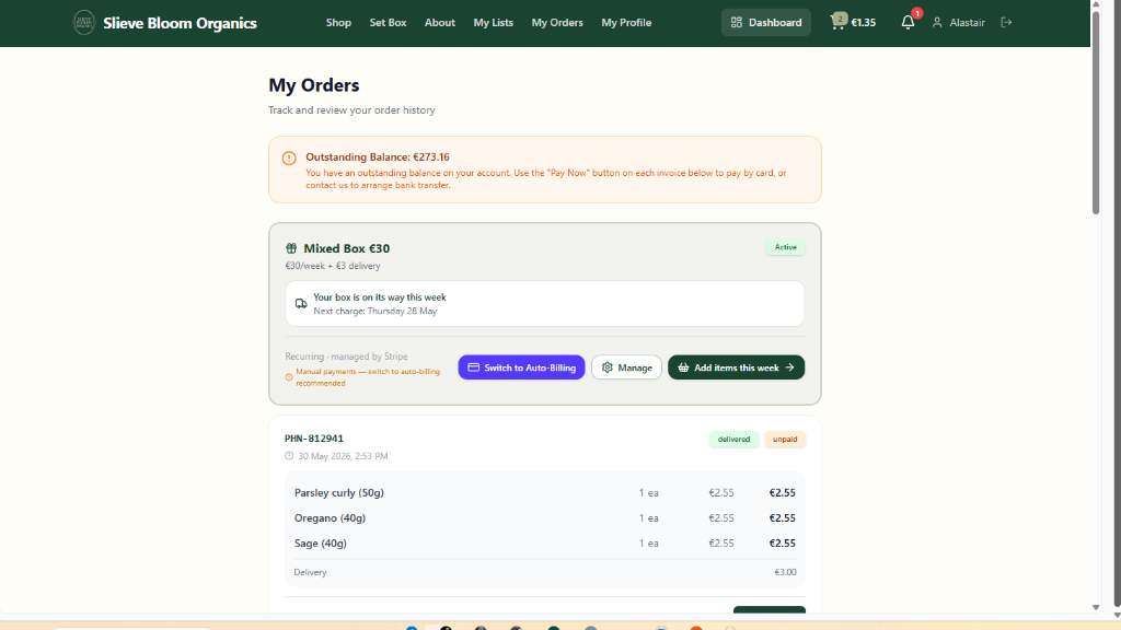 Customer portal showing subscription management with Switch to Auto-Billing button, Manage subscription options, and Add items functionality