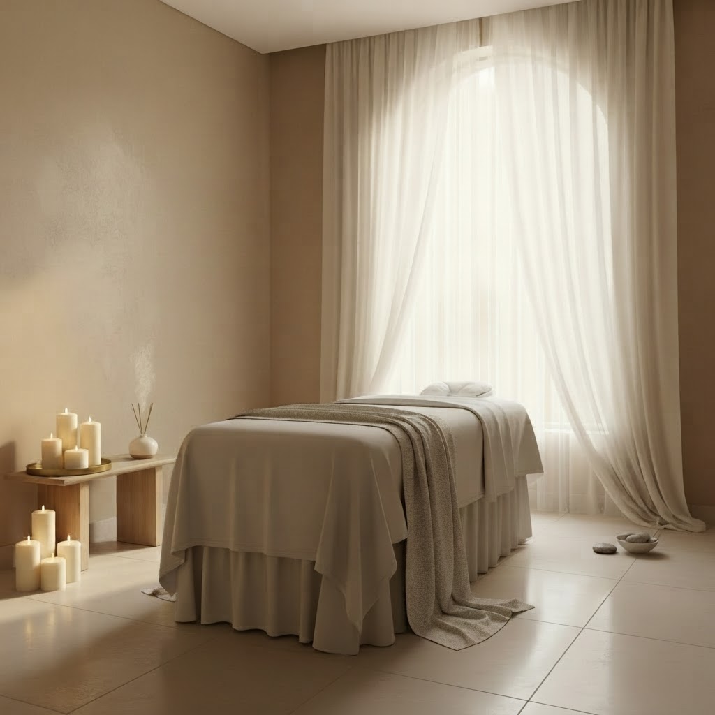 Soft morning light through linen curtains in a sacred healing space