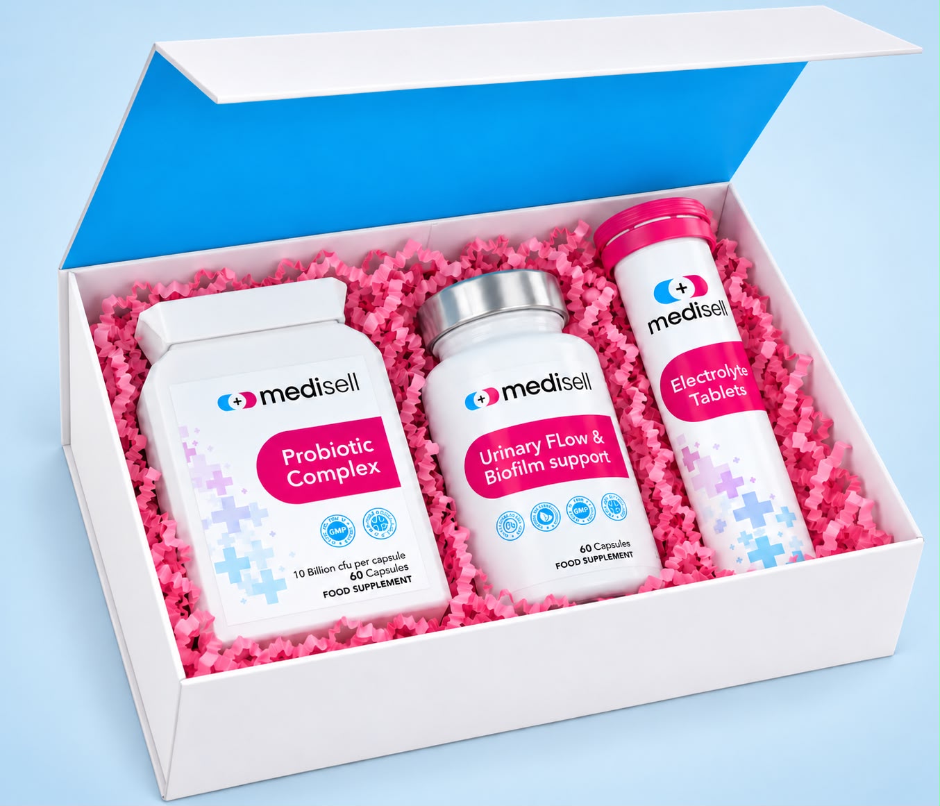 Bladder Health Pack contents — supplement, probiotic and hydration support