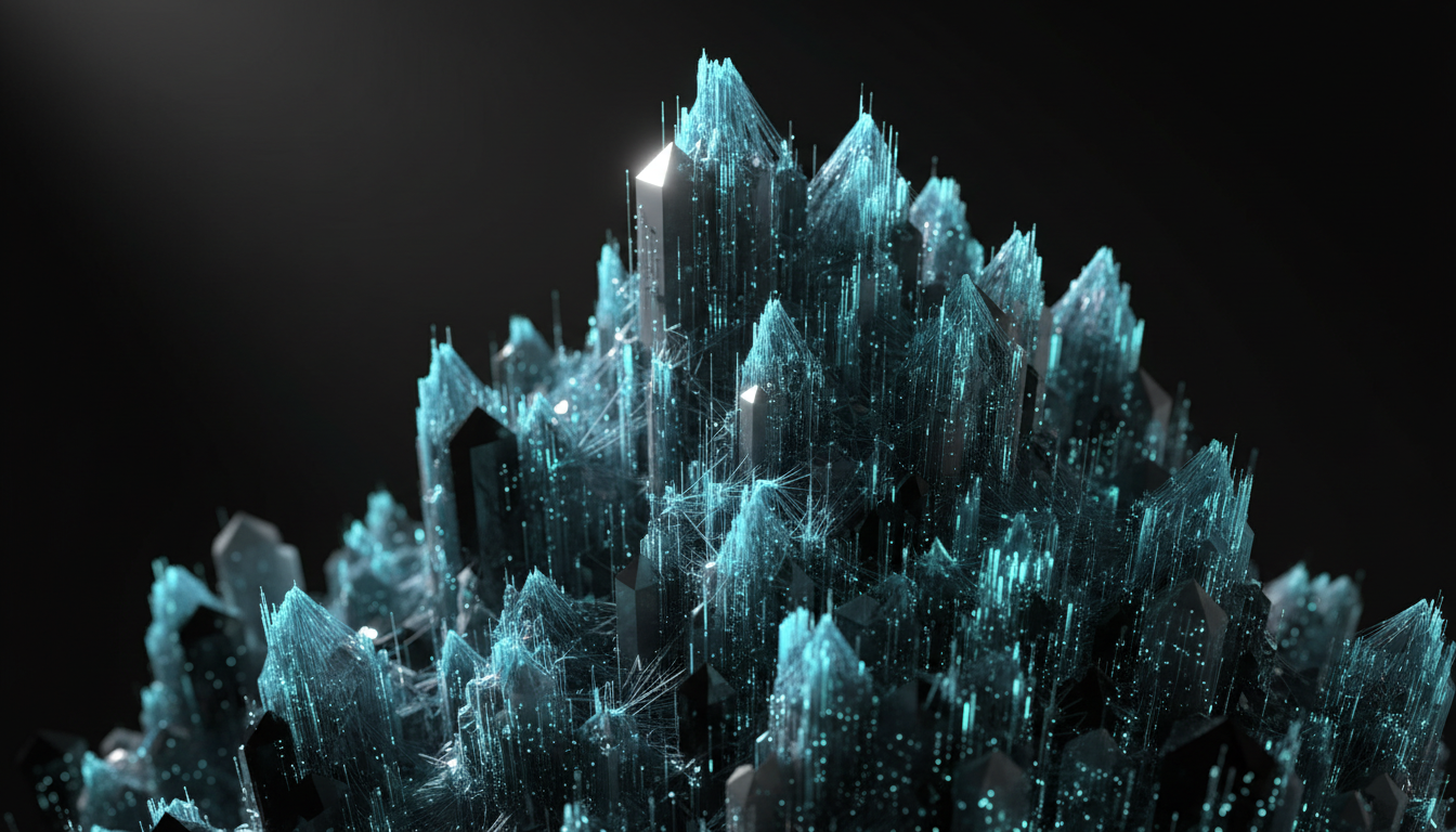 Abstract 3D monolithic structure of glowing data fibers