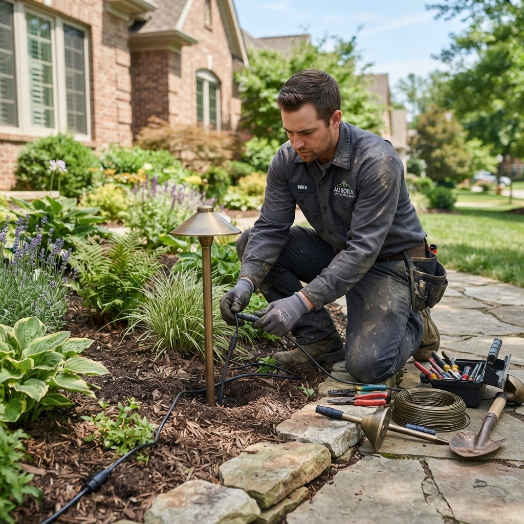 Landscape lighting installation in progress