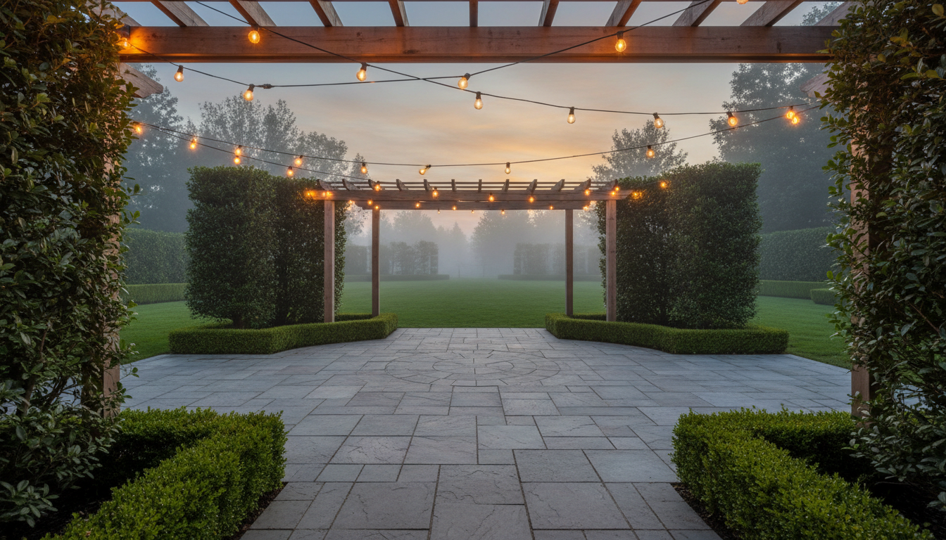 Elegant backyard patio at dusk with warm lighting