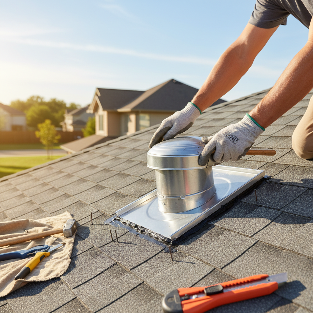 Professional roofer installing new metal flashing around a brick chimney on a shingle roof.