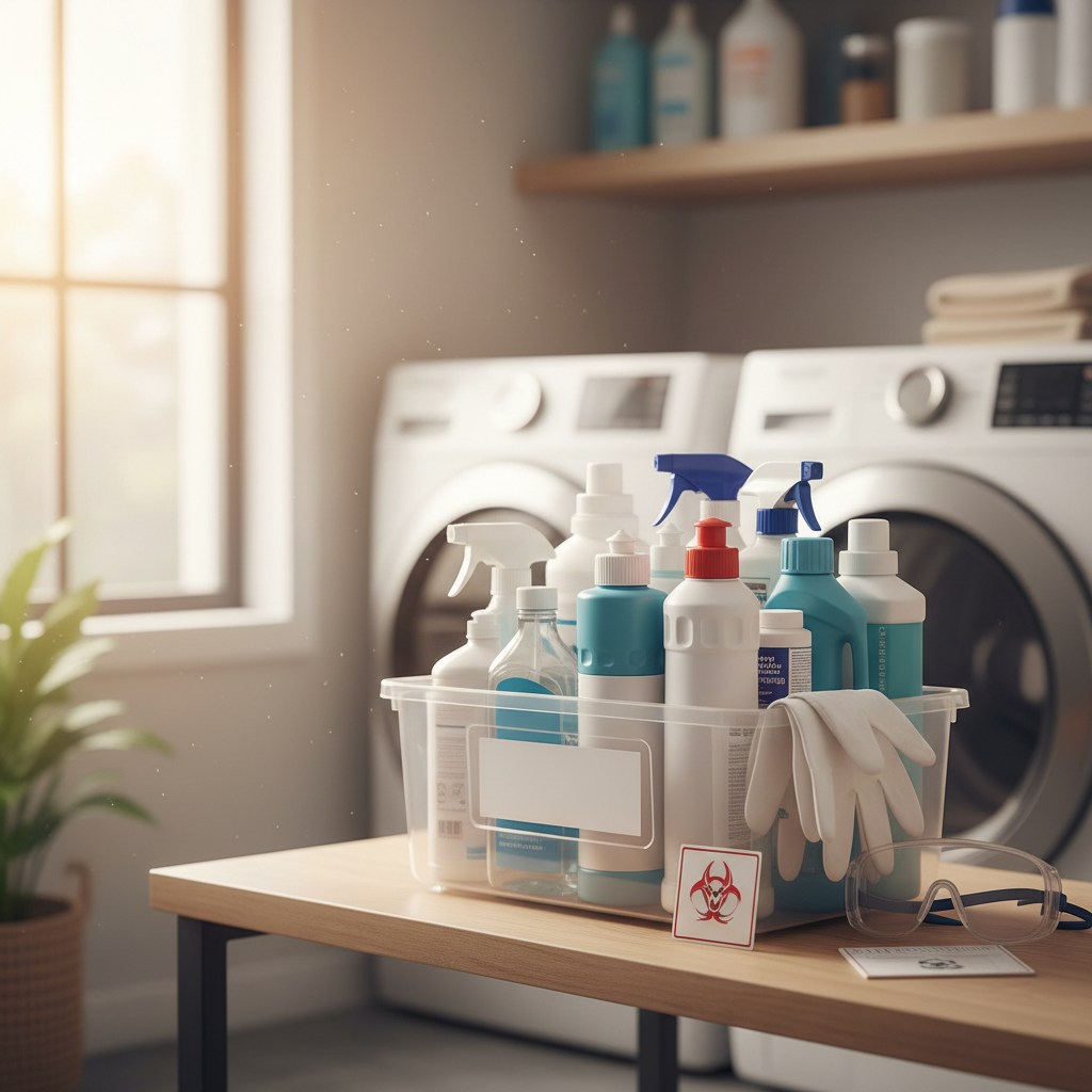 Person in protective gloves organizing labeled cleaning supplies in a bright, safe home storage area.