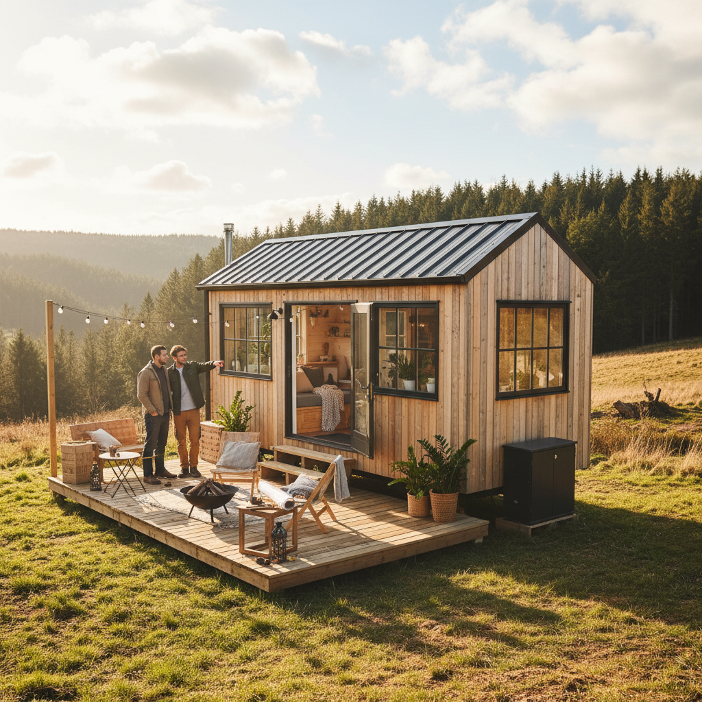 Modern tiny home exterior with wood siding and large windows, showcasing compact, professional architectural design.