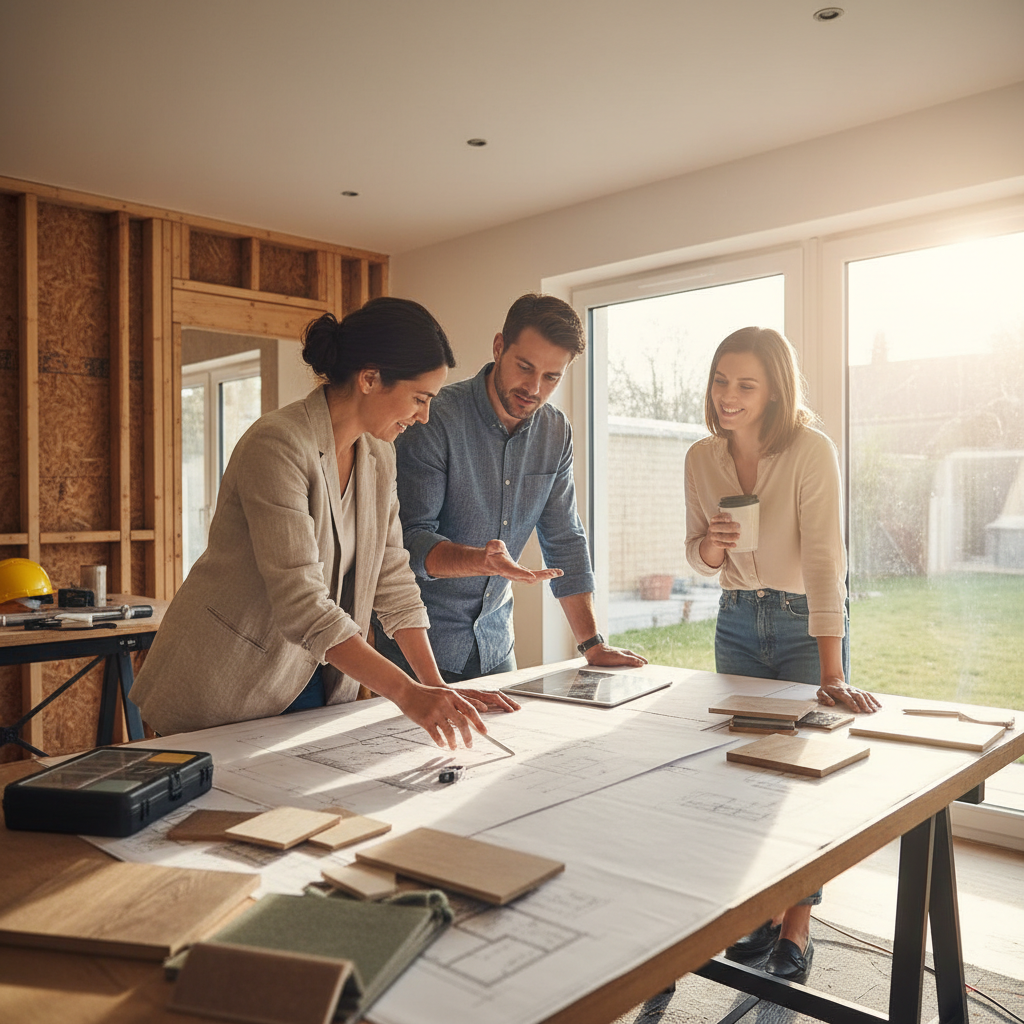 Architect and contractor reviewing blueprints together in a modern home renovation project.
