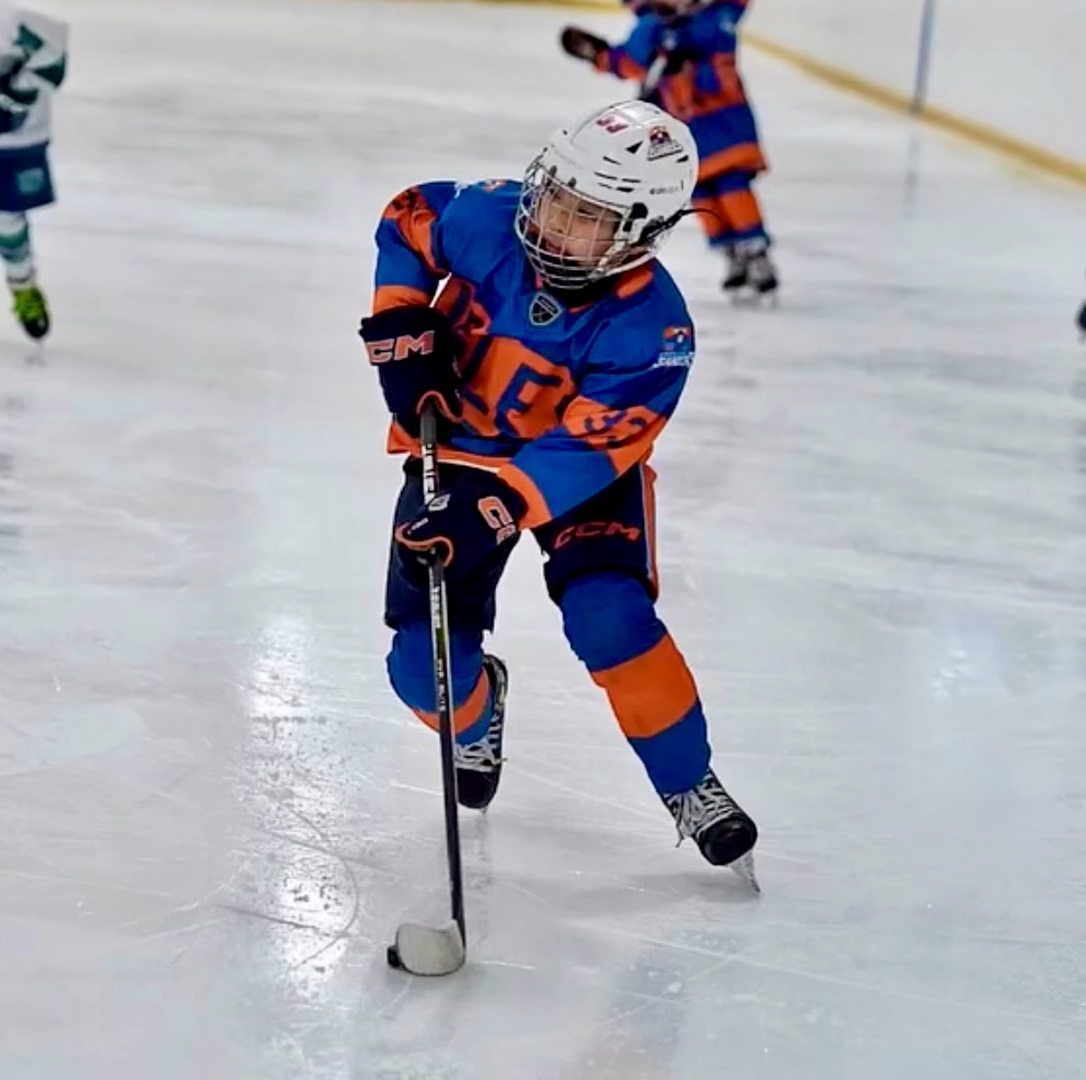 Young hockey player on ice rink