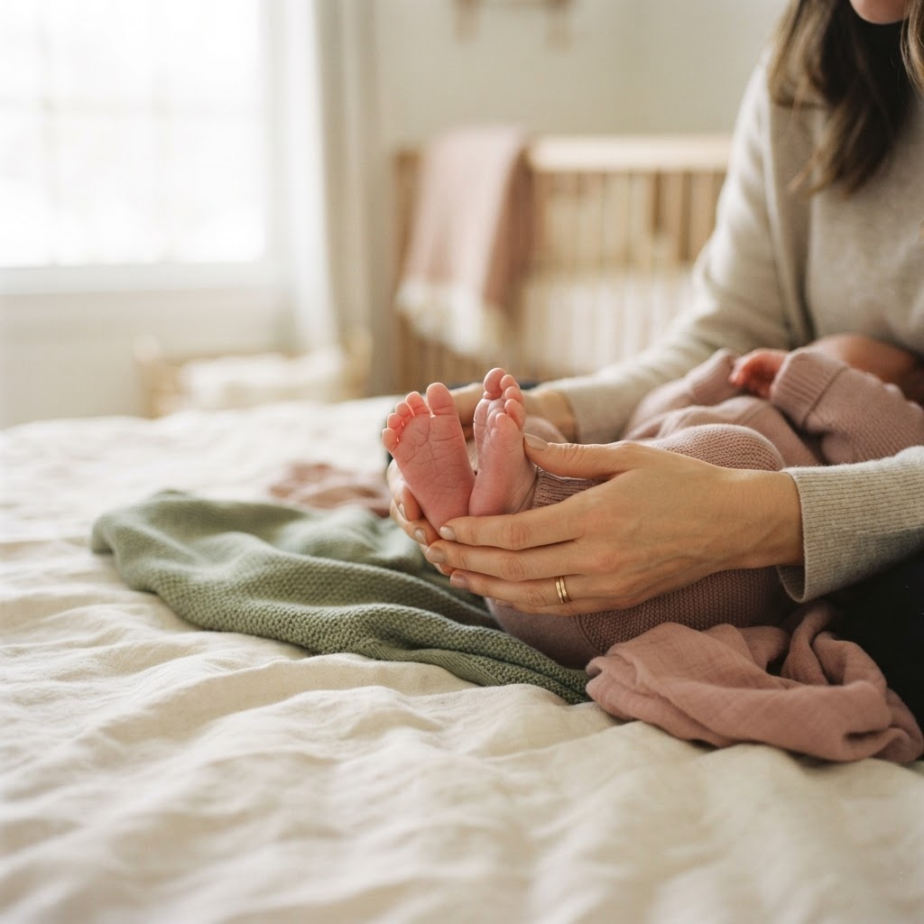 Mãos de mãe segurando os pés do bebê sobre uma manta de linho