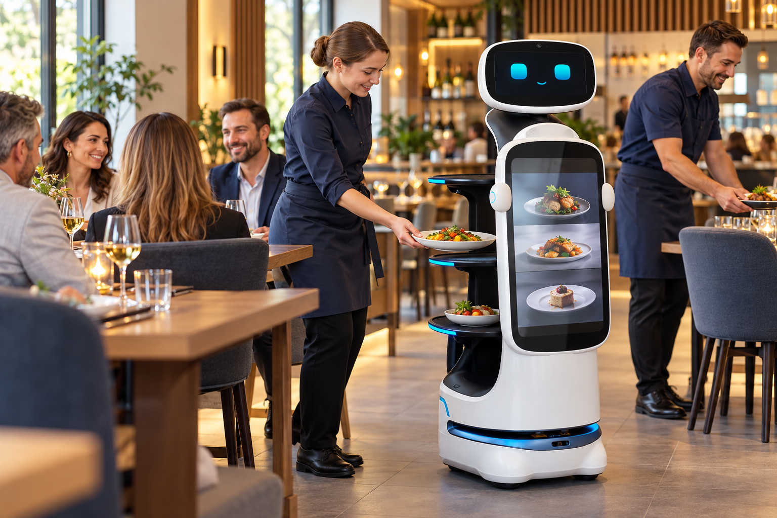 Illustrative Restaurantszene: Serviceroboter unterstützt zwei Mitarbeitende beim Transport und Servieren von Speisen