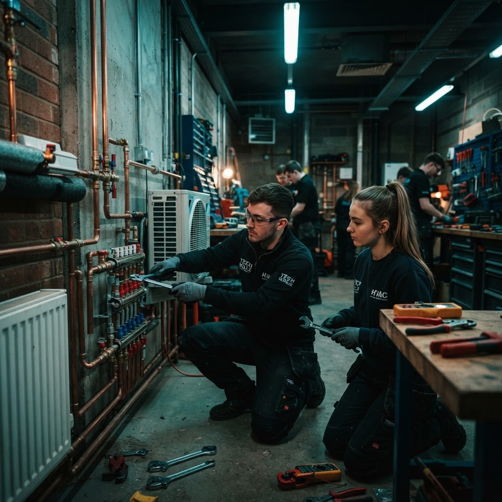 Leerlingen installeren een HVAC-systeem
