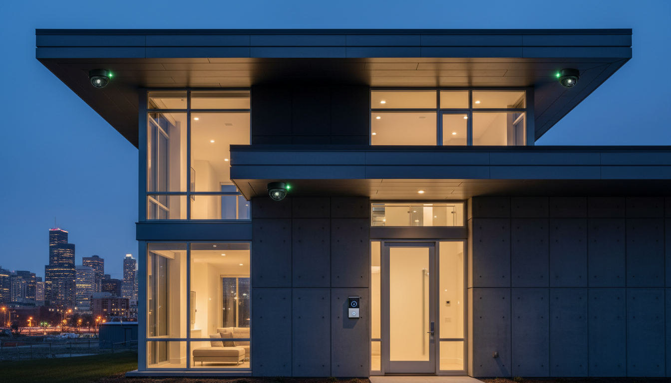 Modern Milwaukee home with professional security cameras and smart doorbell at dusk