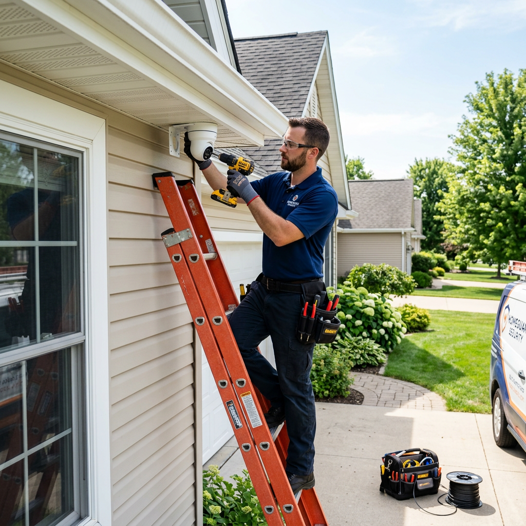 Technician installing security camera