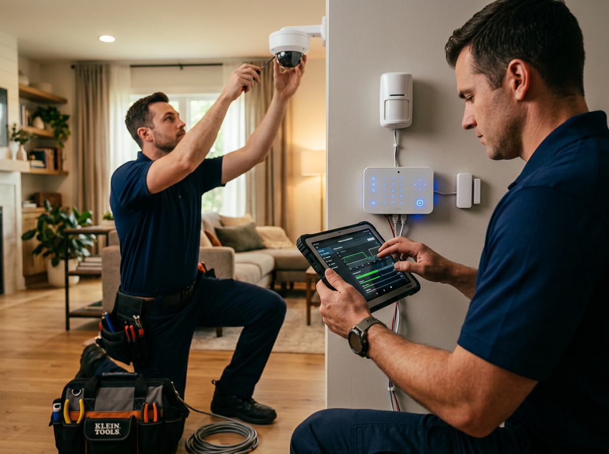 Protection Pros USA technicians installing a professional security system in a Milwaukee home