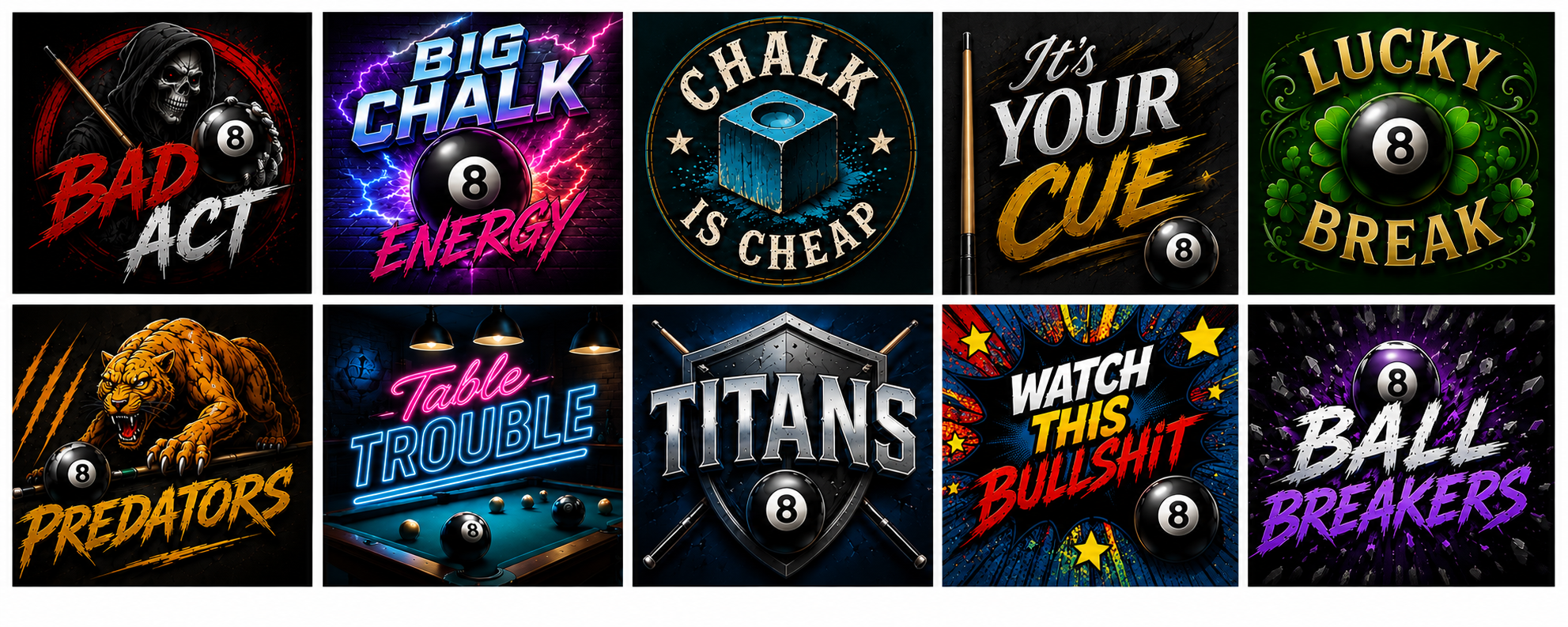 Whitecourt Pool League 2026-2027 team icons — 10 teams