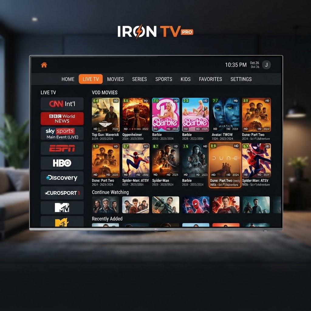 Interface Iron TV Pro – Streaming IPTV HD 4K France