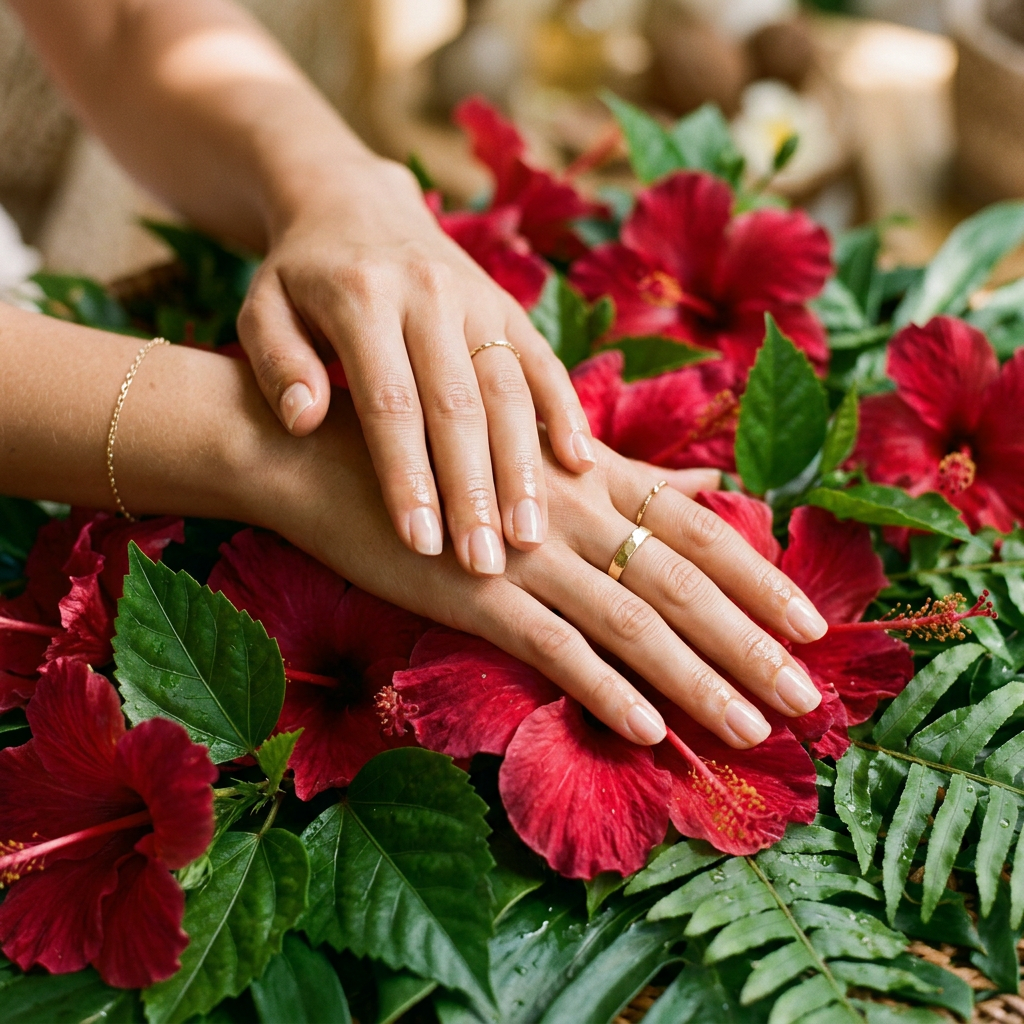 Beautiful hands resting on hibiscus flowers