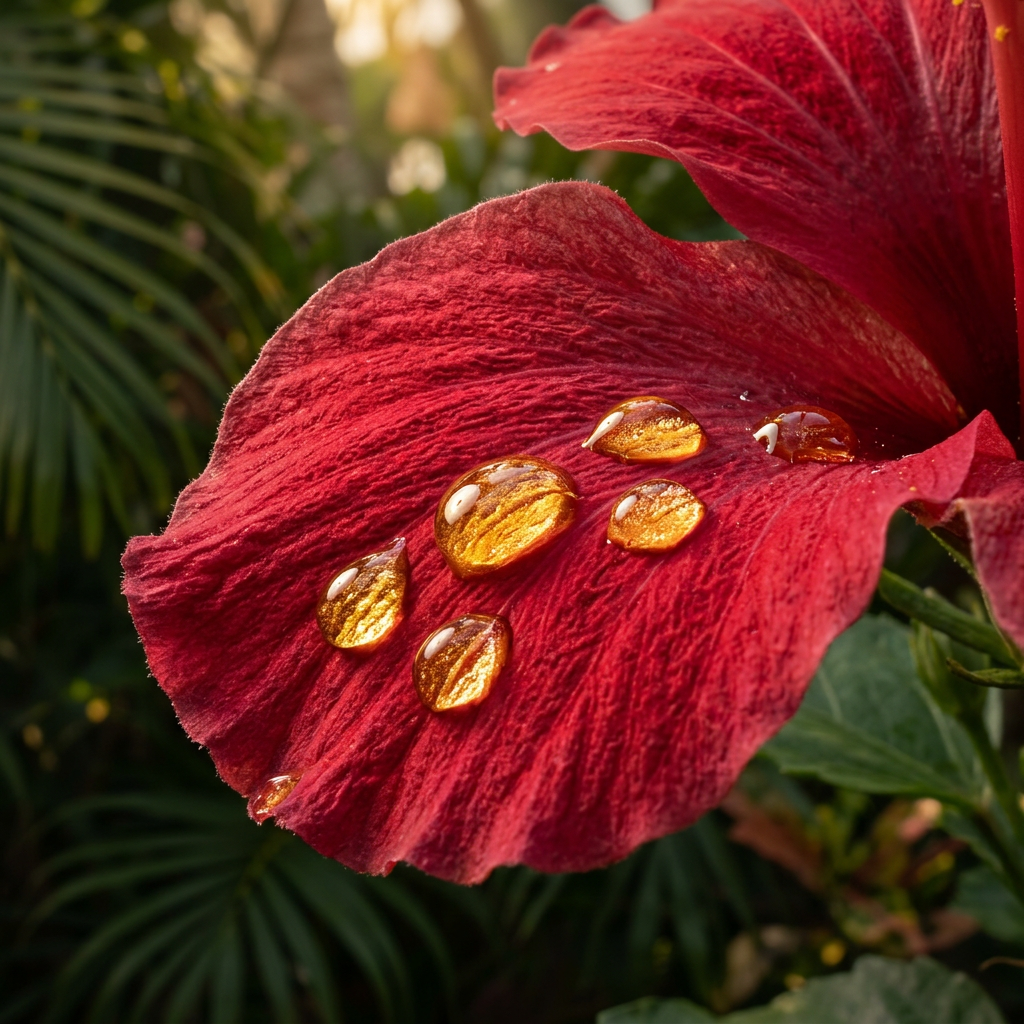 Hibiscus flower with amber nail oil drops