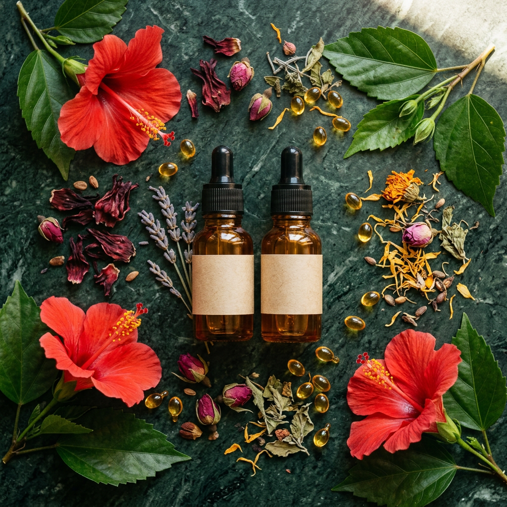 Kibiscus product collection with hibiscus botanicals