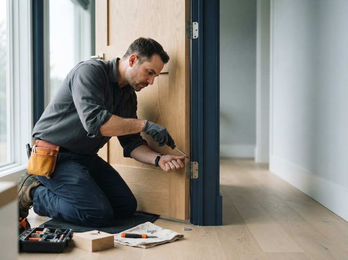 Maintenance professional repairing a door