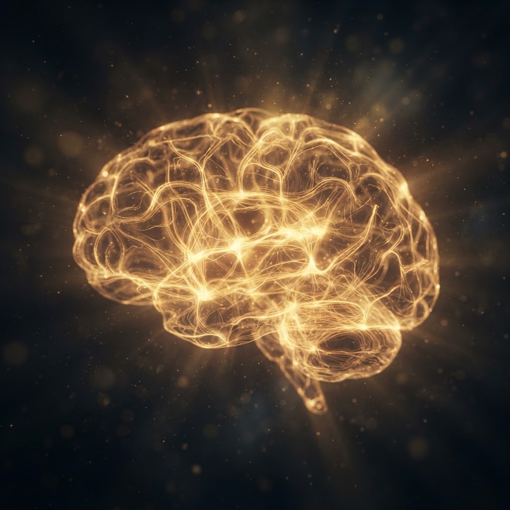 Glowing golden threads reconnecting into a brain