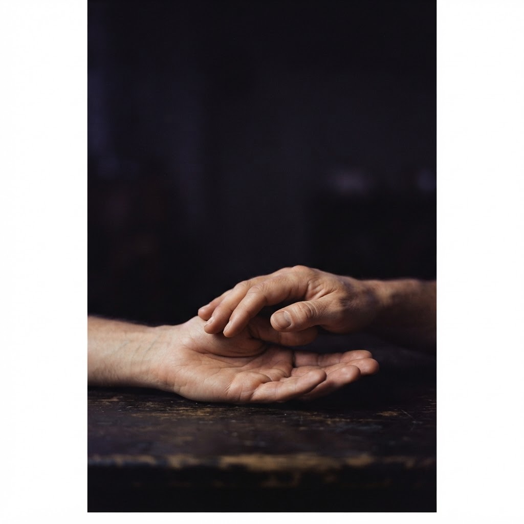 Two hands resting together, one cupped gently over the other, against a dark background