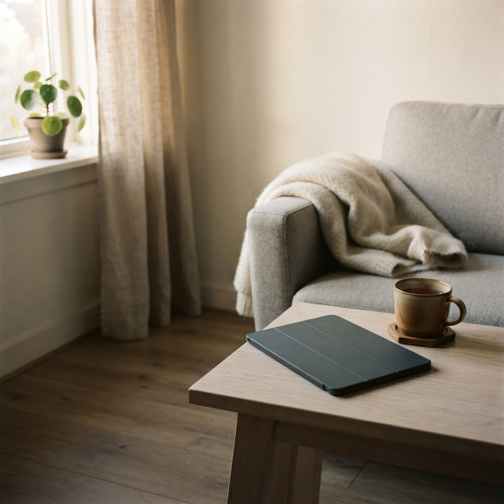 A closed tablet and a cup of tea beside a folded blanket in soft daylight, a calm, unhurried home setting