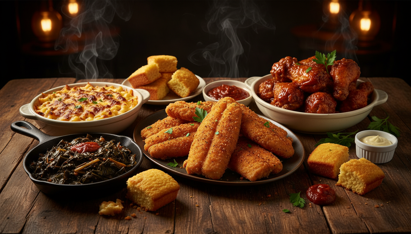 Soul food spread on a rustic table