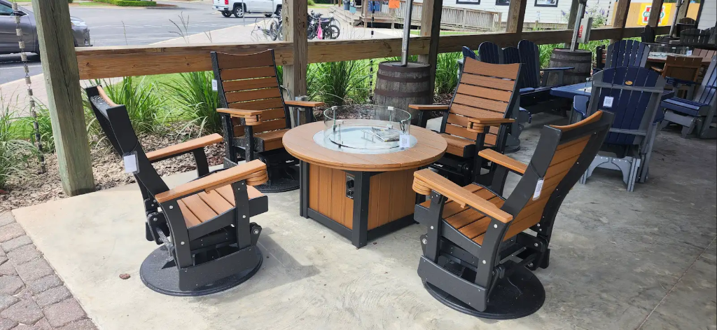 2ft Contour Swivel Glider Set & Lumin 46" Round Fire Pit — Antique Mahogany / Black view 2