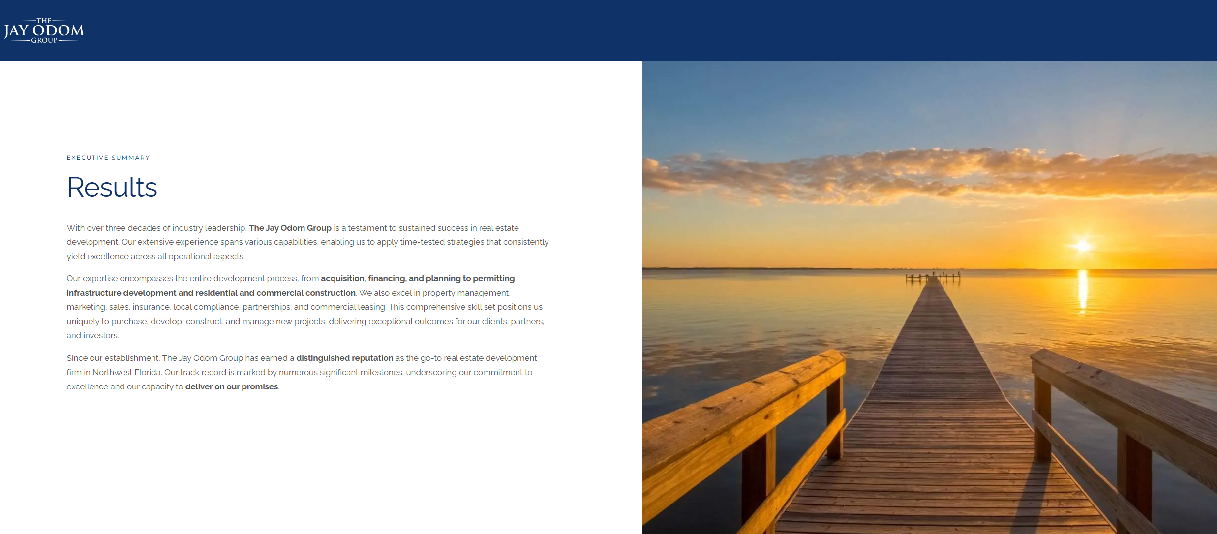 J. Odom Group executive summary and waterfront sunset with Jay Odom