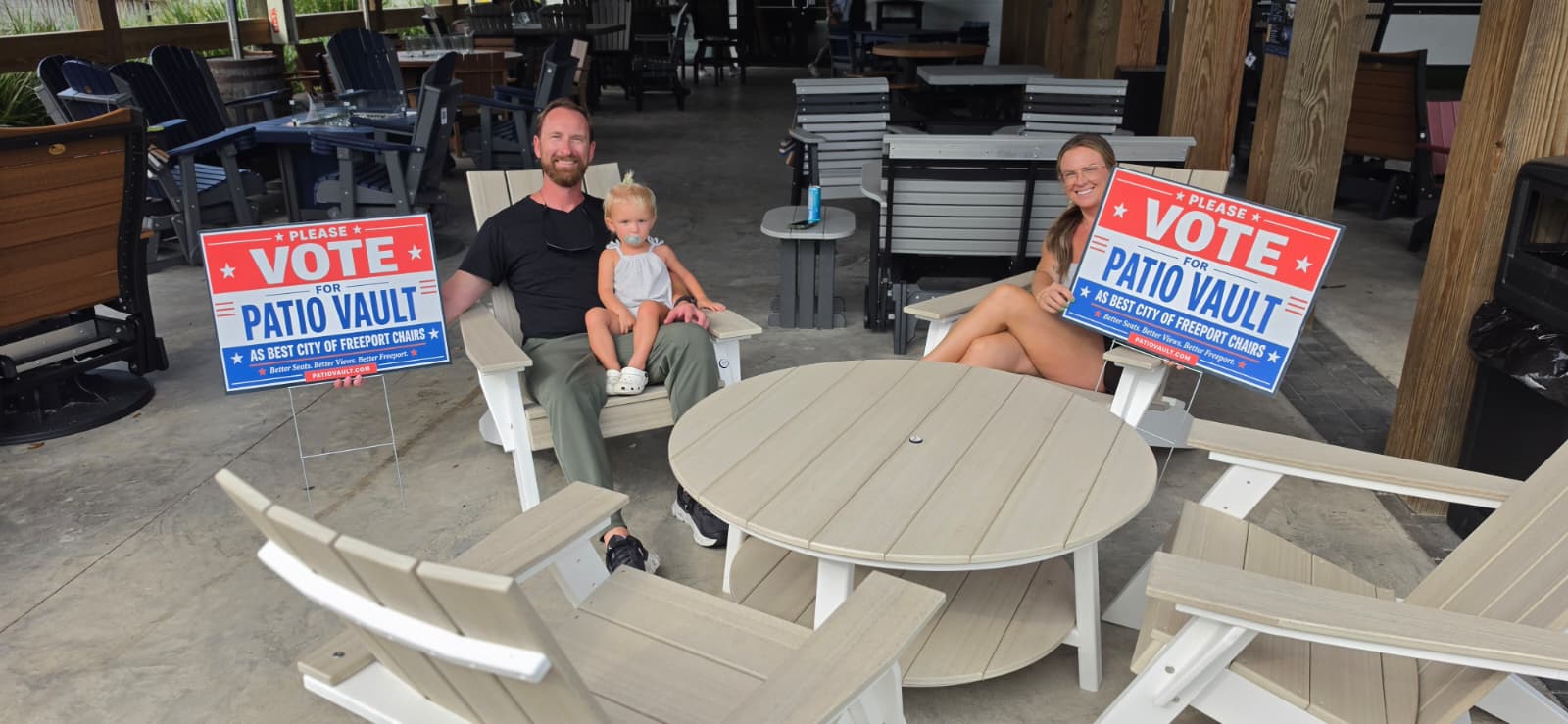Family seated together in Patio Vault outdoor chairs at Props Brewery