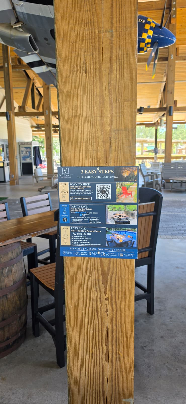 Patio Vault three-step digital showroom sign mounted inside Props Brewery