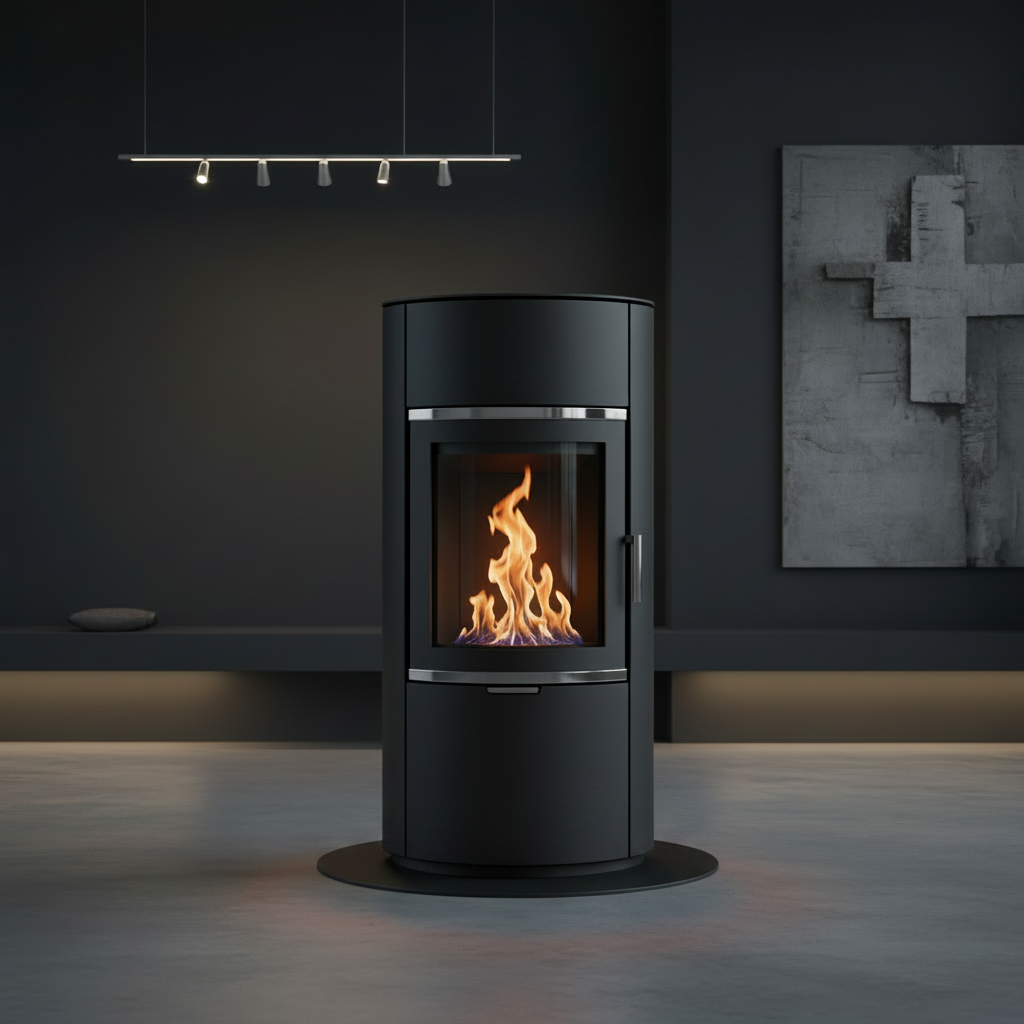 Freestanding gas fireplace on castors