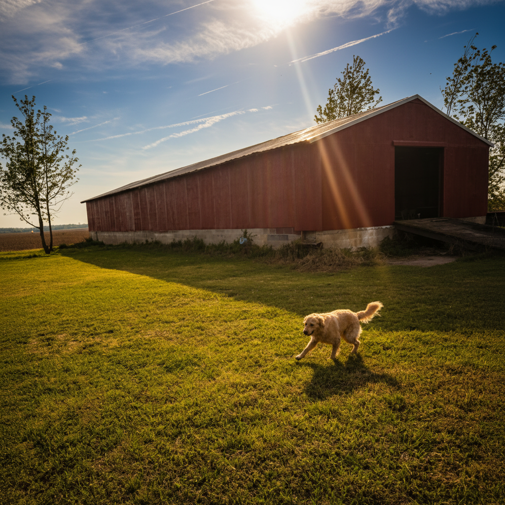 Red barn with dog at golden hour
