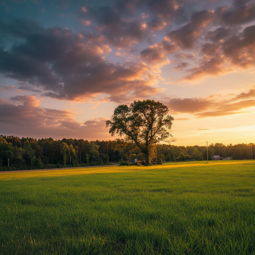 Open field with solitary oak tree