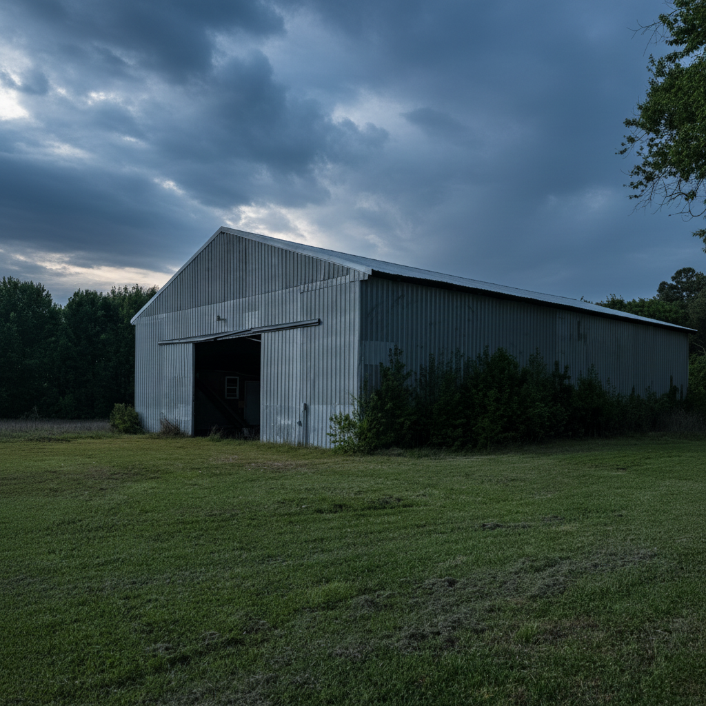 Grey metal barn with lush surroundings