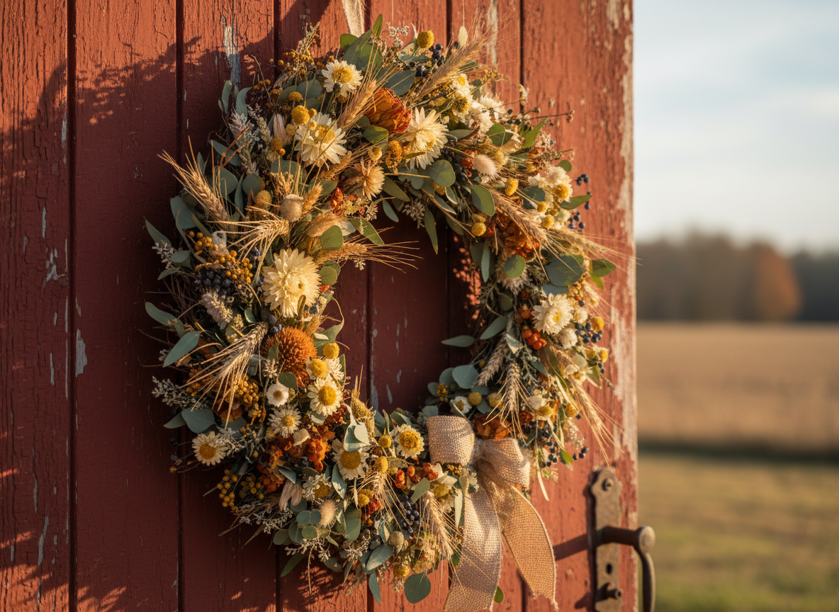 Beautiful rustic farmhouse wreath on weathered barn door