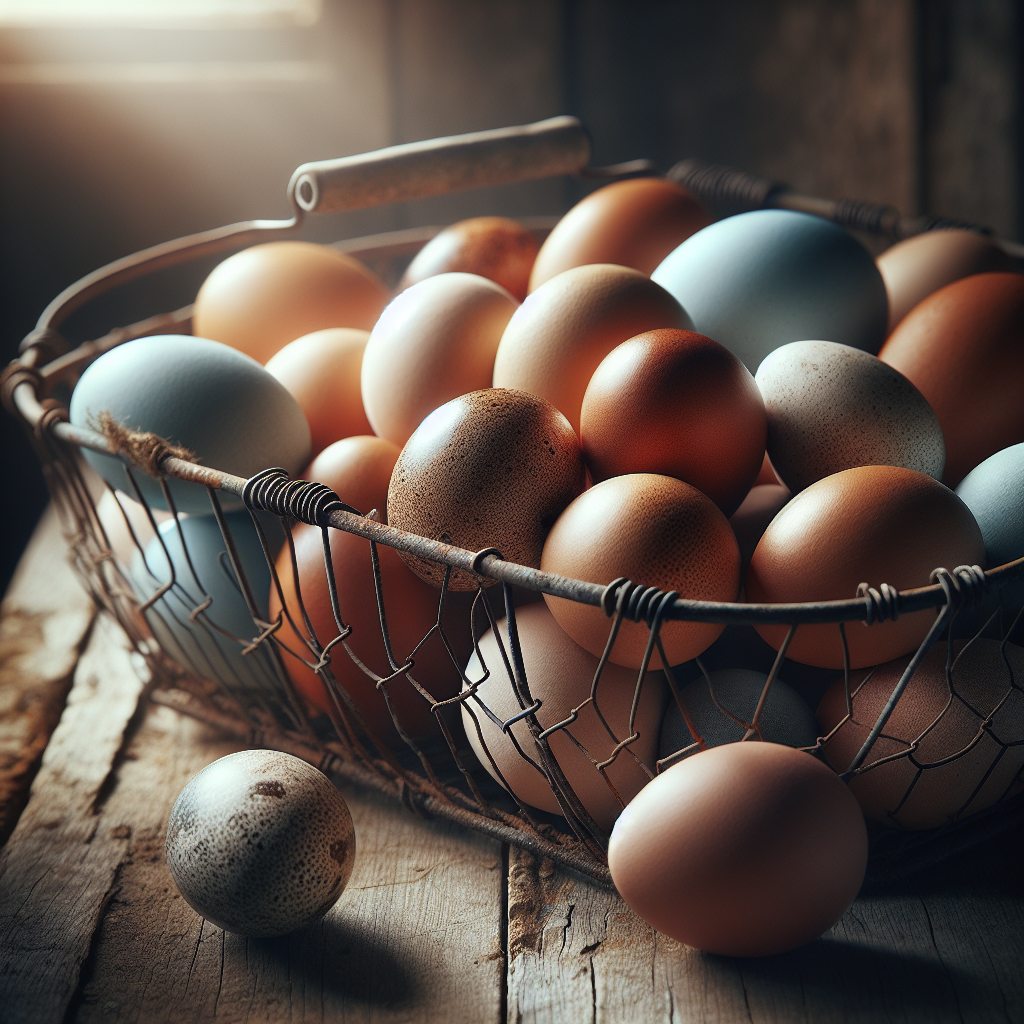 Fresh nest-run eggs in wire basket