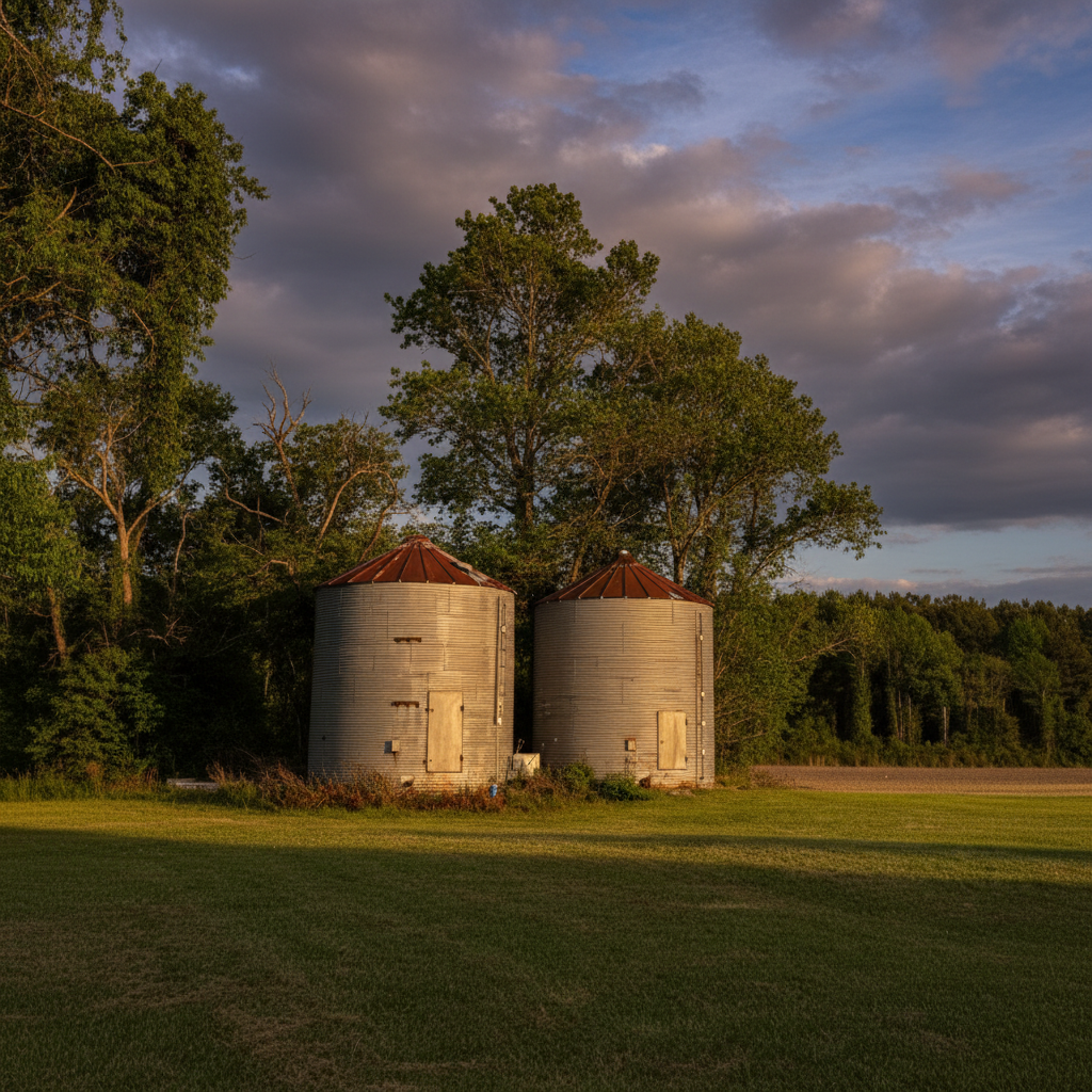 Vintage grain silos at sunset