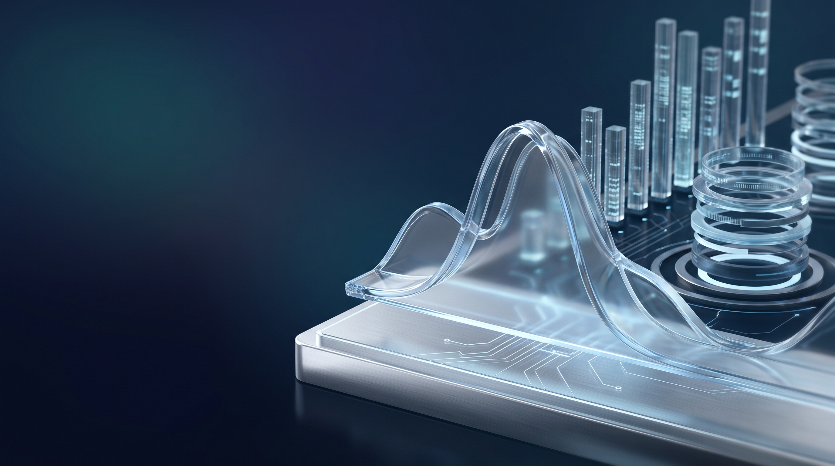 Visualización 3D holográfica de datos financieros sobre superficie metálica