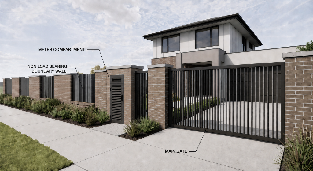 Boundary wall, fence or gate