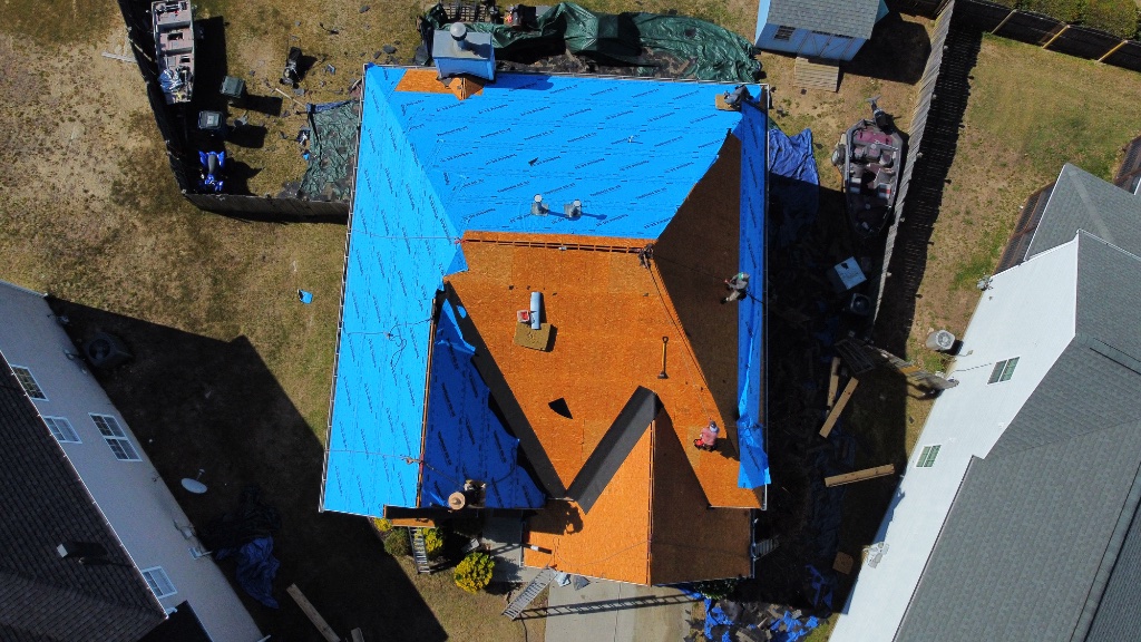 Aerial view — underlayment complete, ice & water shield visible in valleys