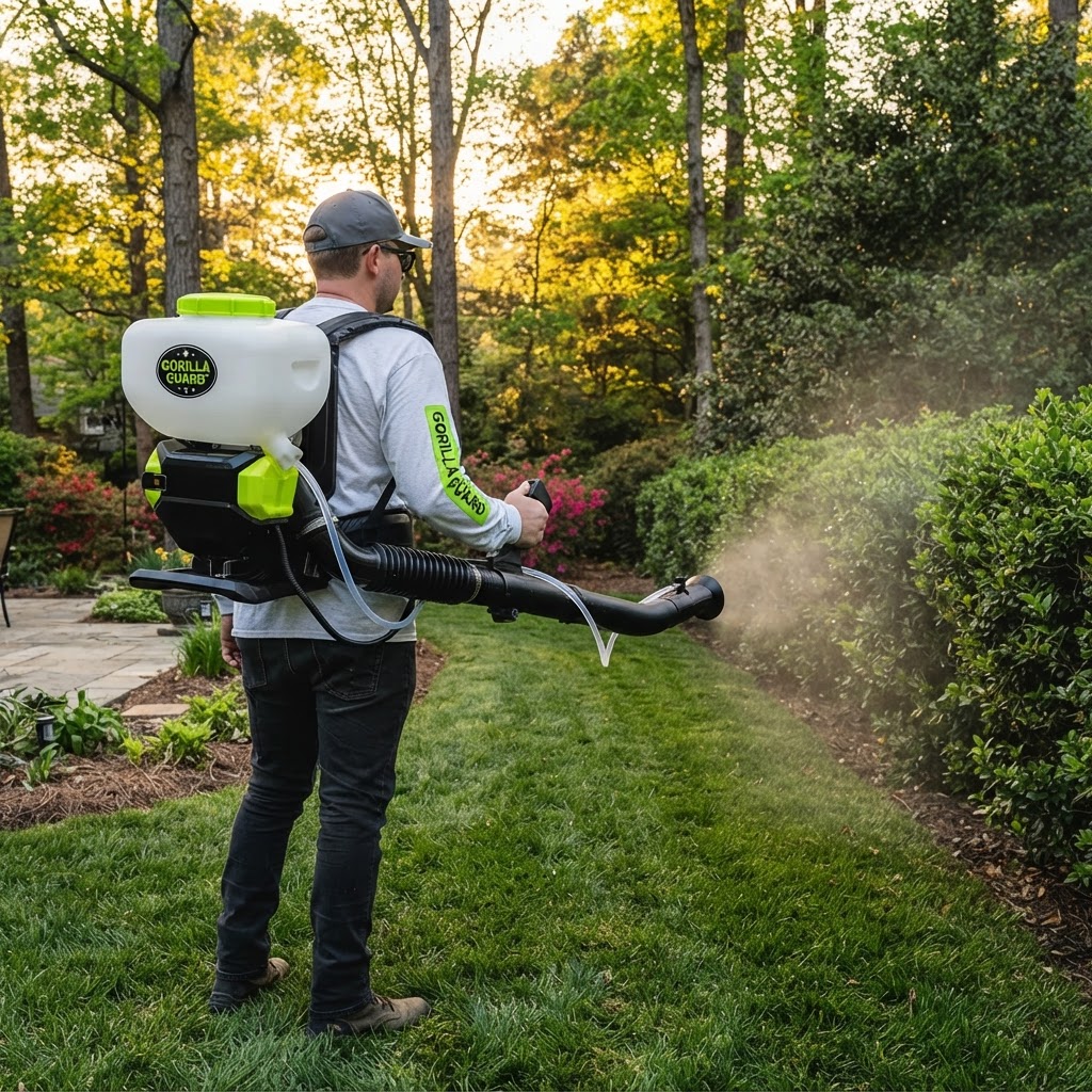 Gorilla Guard technician fogging a North Carolina backyard