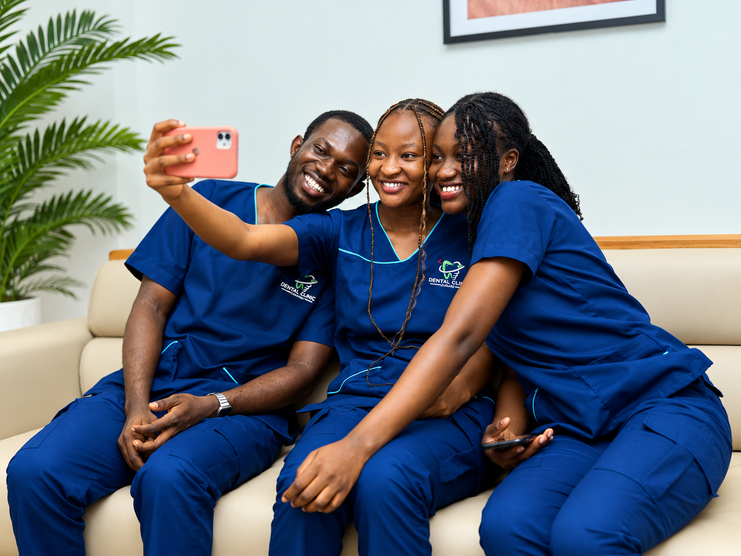 Three APDAN team members taking a happy selfie in the waiting area