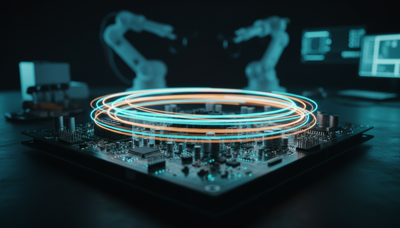 Automotive ECU circuit board with glowing traces